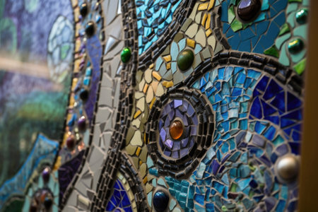 close-up of mosaic and stained glass artwork, with intricate details visible, created with generative aiの素材