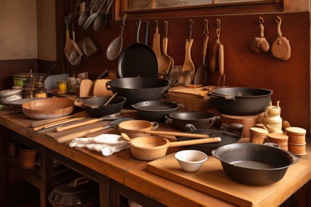collection of cooking utensils, including skillets, various pots and pans, and boards, created with generative aiの素材