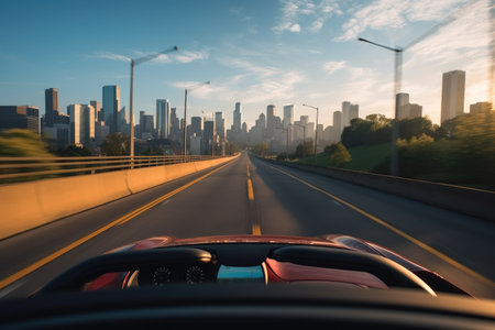 road trip through the city, with view of iconic landmarks in the background, created with generative aiの素材