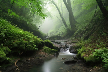 tranquil forest with babbling brook and misty waterfall, created with generative aiの素材