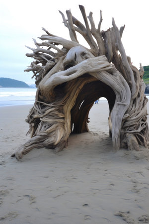 driftwood art installation on the beach with waves crashing, created with generative aiの素材