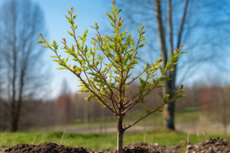 sprouting tree with buds and new leaves in springtime, created with generative aiの素材