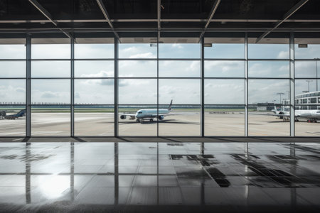 empty airport terminal, with view of the runway and planes taking off and landing, created with generative aiの素材