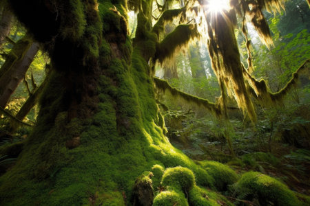 close-up of mossy tree trunk, with light filtering through the canopy, created with generative aiの素材