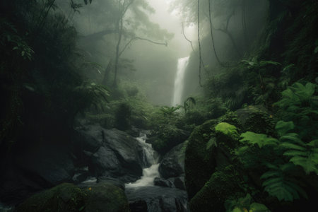 mood-setting waterfall surrounded by lush greenery and misty atmosphere, created with generative aiの素材