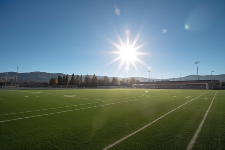 athletic field, with the sun shining down upon it, and clear blue sky above, created with generative aiの素材