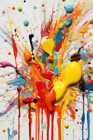colorful paint splatters on a white canvas, created with generative aiの素材