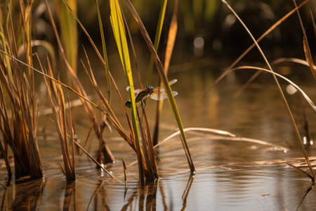 close-up of reeds and rushes in marshy wetland, with dragonfly on the wing, created with generative aiの素材
