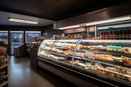 retail store, with walk-in freezer full of frozen foods, ready for customers, created with generative aiの素材