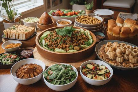 plant-based and vegan feast, with a variety of dishes including soups, salads, and pastries, created with generative aiの素材