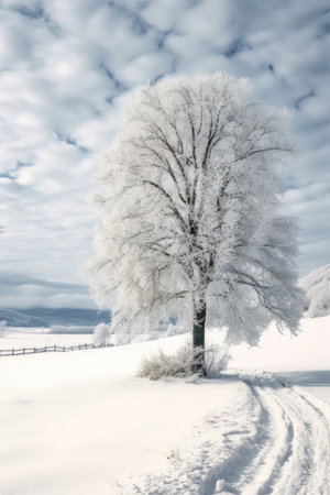 snowy winter landscape with a decorated tree, created with generative aiの素材