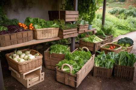 a selection of freshly picked vegetables in baskets and crates, created with generative aiの素材