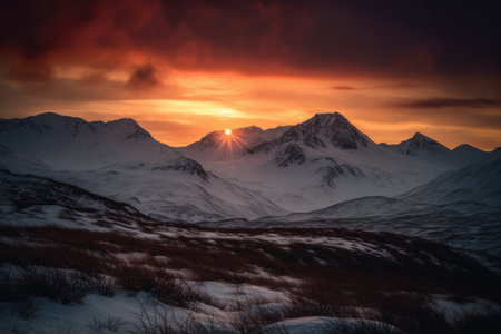 snow-capped mountain range with dramatic sunset in the background, created with generative aiの素材