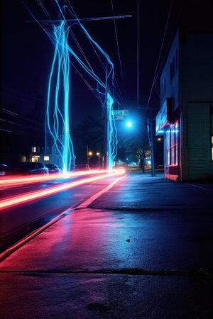 blue neon light trails in darkness, created with generative aiの素材