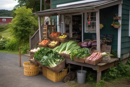 vegetable stand with basket of fresh produce and local business card, created with generative aiの素材