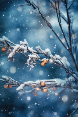 christmas tree branches with snow and bokeh lights, created with generative aiの素材
