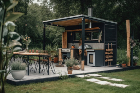 a tiny home with a full outdoor kitchen and dining area, surrounded by greenery, created with generative aiの素材