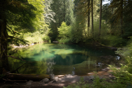 swimming hole in the midst of a forest, surrounded by tall trees, created with generative aiの素材