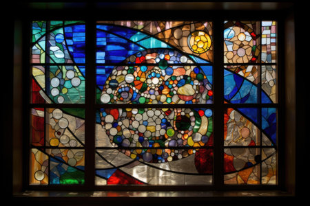 stained glass window with mosaic of geometric shapes and colors, created with generative aiの素材