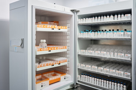 temperature-controlled cabinet with pharmaceutical products stored at controlled temperatures, created with generative aiの素材