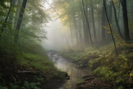 peaceful forest with misty morning fog and stream visible, created with generative aiの素材