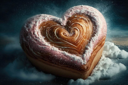 heart-shaped cinnamon roll in cloud of icing, with sprinkle of sugar, created with generative aiの素材
