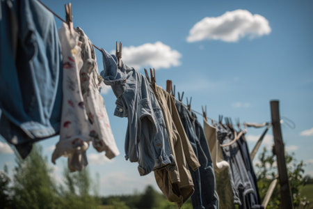 close-up of individual items of clothing hanging on the line, with blue sky and clouds visible in the background, created with generative aiの素材