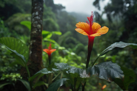 close-up of a blooming flower in a tropical forest, created with generative aiの素材