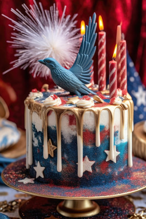 close-up of a delicious 4th of july themed cake, created with generative aiの素材