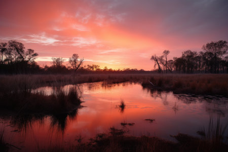 wetland at sunrise, with orange and pink hues illuminating the sky, created with generative aiの素材