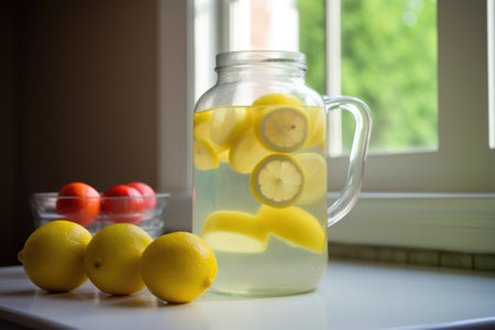 jar of freshly squeezed lemonade, ready to be enjoyed on a hot summer day, created with generative aiの素材