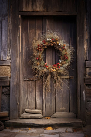 christmas wreath on a rustic wooden door, created with generative aiの素材