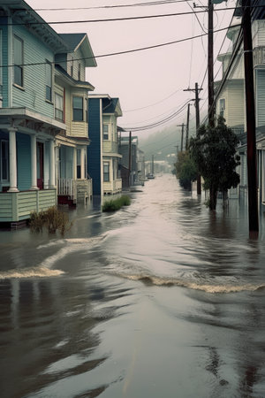 heavy rain and flooding on a coastal street, created with generative aiの素材