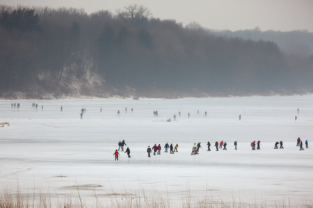 winter sports (skating, sledding, snowshoeing) on a frozen lake, created with generative aiの素材