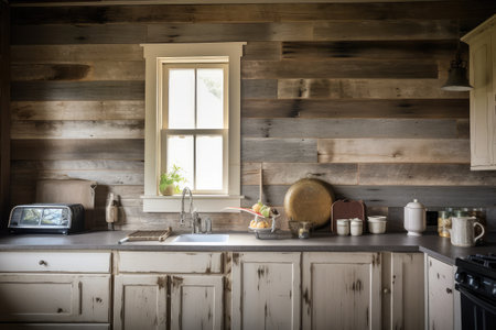 worn wood paneling with distressed finish in country kitchen, created with generative aiの素材