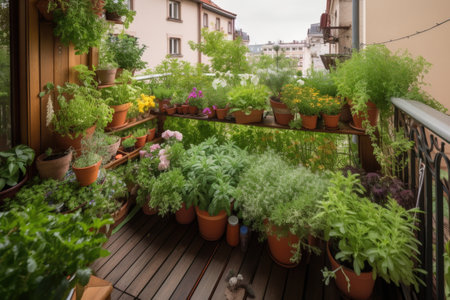 balcony filled with various types of herbs, creating a bountiful and fragrant garden, created with generative aiの素材