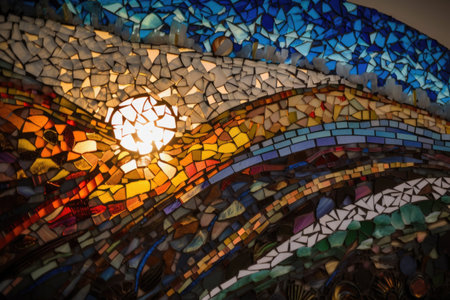 stained glass mosaic depicting a sunrise, with the rays of light shining through, created with generative aiの素材