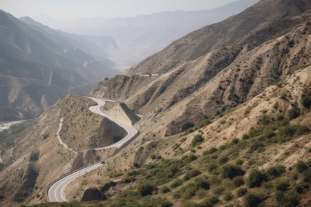 highway winding through the mountains, with breathtaking views of the valley below, created with generative aiの素材