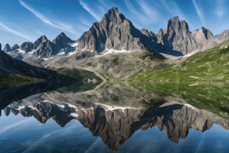 reflection of towering mountain peaks in serene lake, created with generative aiの素材