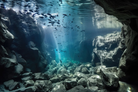 underwater cave, with schools of fish swimming among the natural formations, created with generative aiの素材