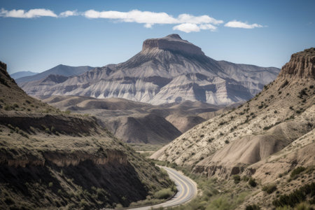 road trip past towering mountains and scenic canyons, created with generative aiの素材