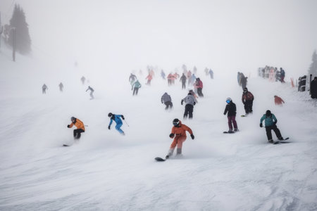 winter sports competition, with skiers and snowboarders racing down the mountain in timed race, created with generative aiの素材