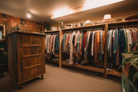wardrobe filled with custom-made pieces made from upcycled and repurposed clothes, created with generative aiの素材