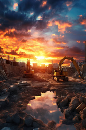 construction site during sunset with beautiful sky background, created with generative aiの素材