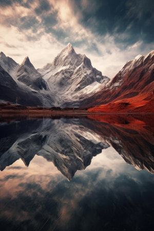 reflection of mountains on a still lake surface, created with generative aiの素材
