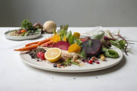 plate of zero-waste cooking, with vegetable and fruit elements on display, created with generative aiの素材