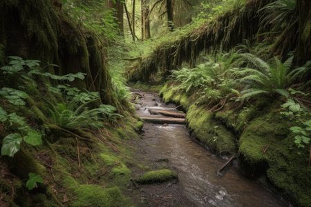 forest trail with trickling stream, leading to tranquil waterfall, created with generative aiの素材
