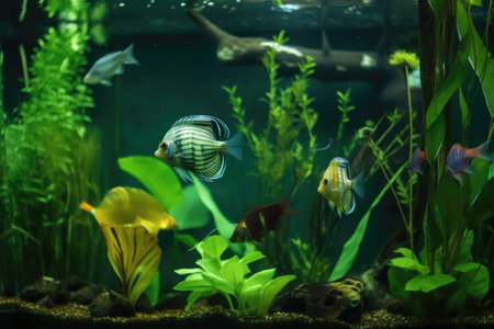 tropical fish swimming in serene aquarium, with view of underwater plant life, created with generative aiの素材