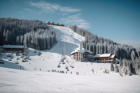 winter sport resort, with skiers and snowboarders enjoying the slopes, created with generative aiの素材