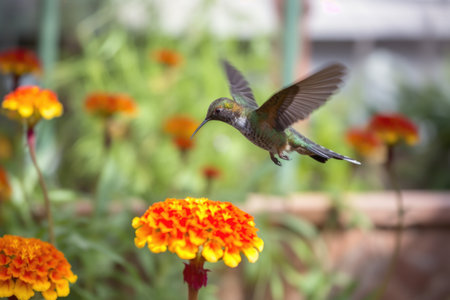hummingbird practicing its flight skills, hovering and fluttering above garden, created with generative aiの素材